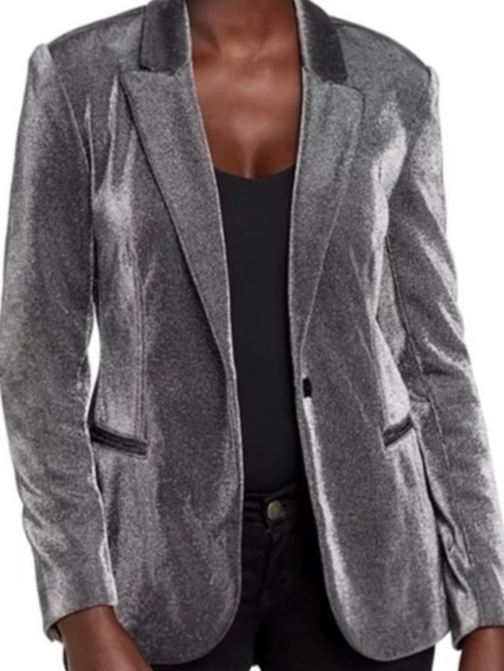 T TAHARI Silver Black Shimmer Lurex Metallic Iron Shine Blazer Jacket Size 12
